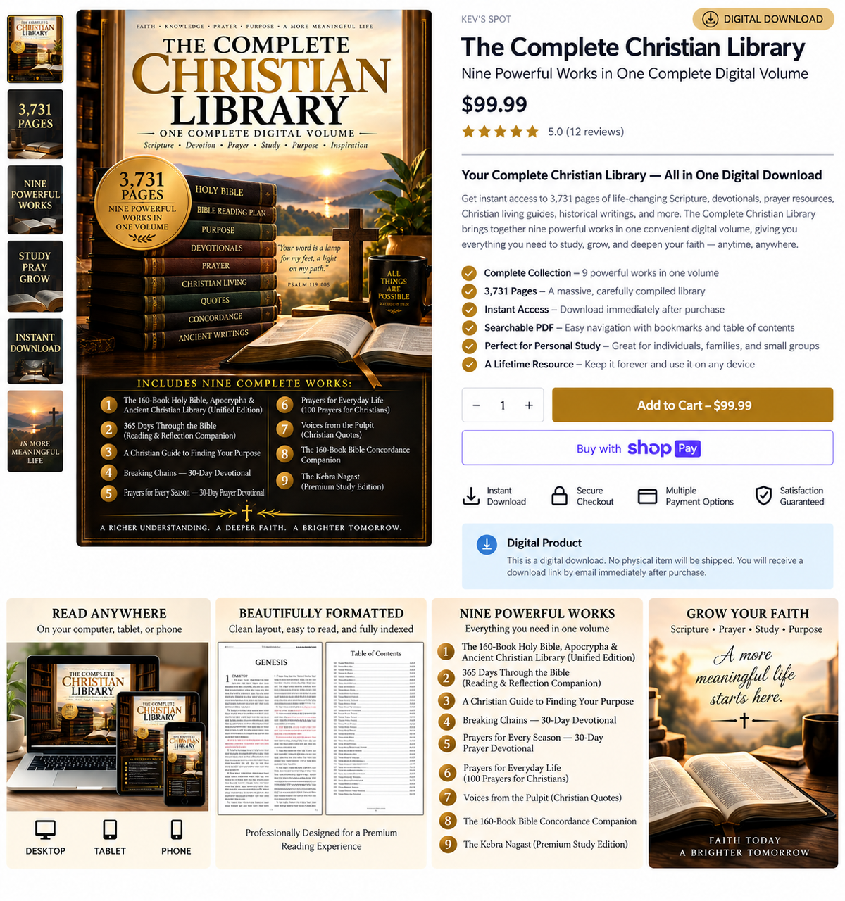 The Complete Christian Library ecommerce mockup showing features, sample pages, and the nine included works