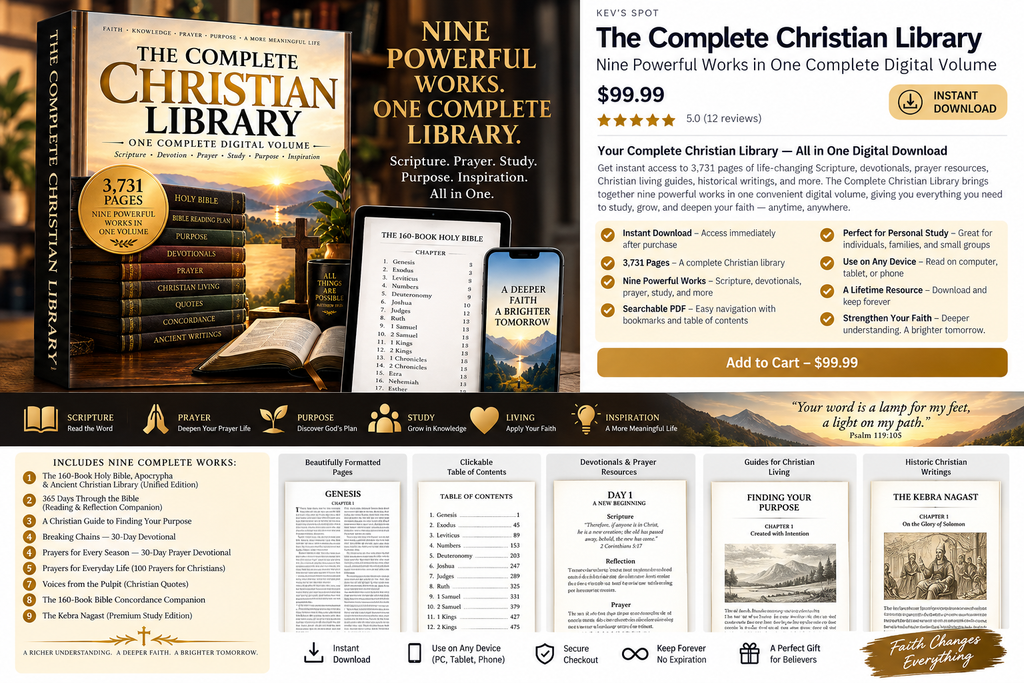 The Complete Christian Library marketing mockup featuring nine works and device previews