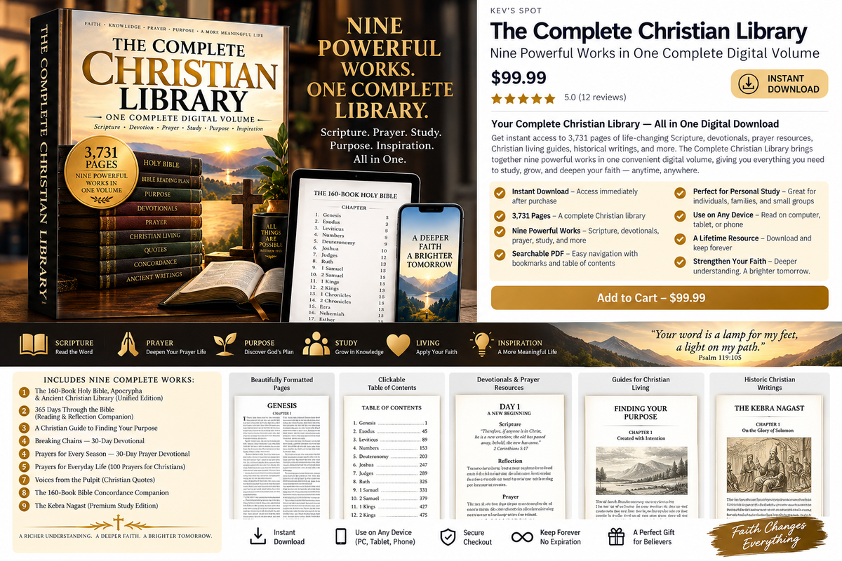 The Complete Christian Library marketing mockup featuring nine works and device previews