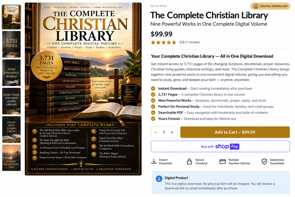 The Complete Christian Library product page mockup showing the 3,731-page digital collection and $99.99 price