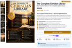 The Complete Christian Library product page mockup showing the 3,731-page digital collection and $99.99 price