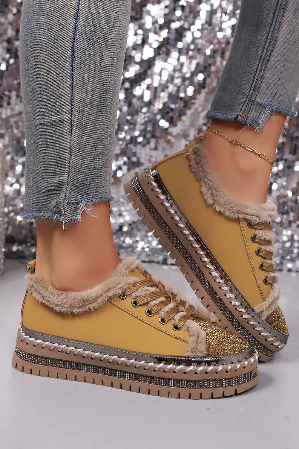 Tan Rhinestone Faux Fur Lining Lace-Up Flat Shoes