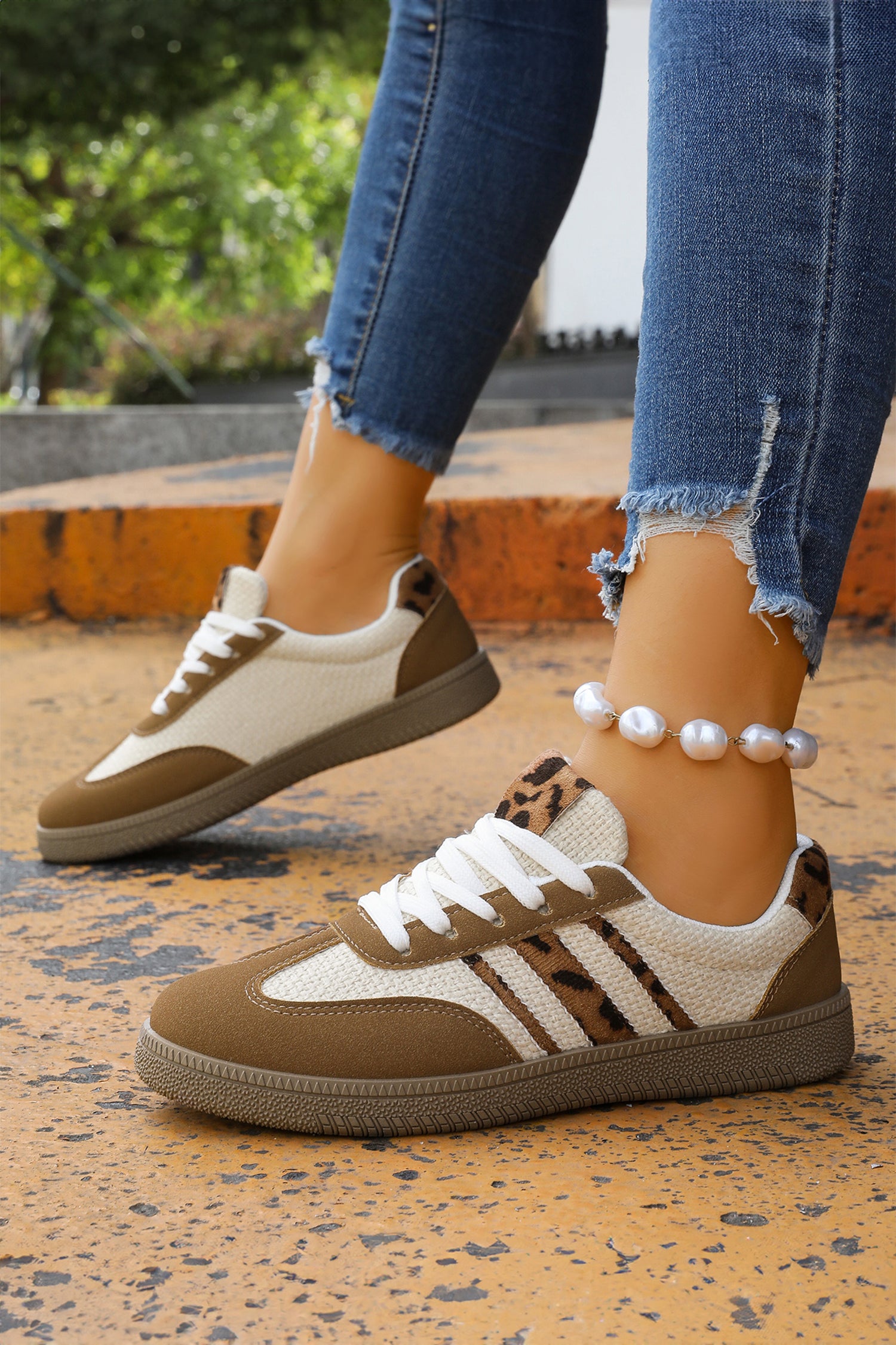 Coffee Leopard Color Block Lace-Up Flat Shoes