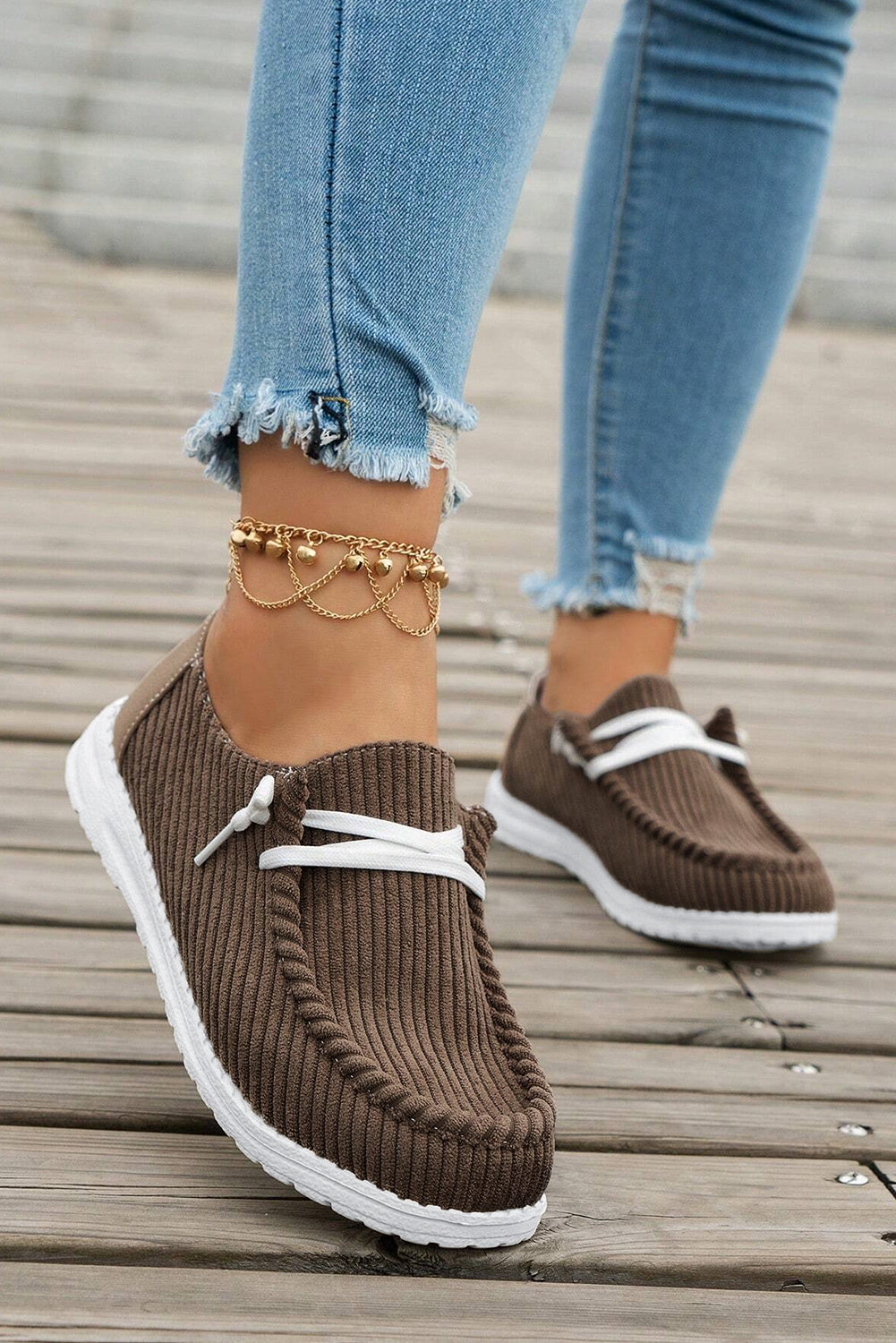 Coffee Ribbed Criss-Cross Slip-On Casual Shoes