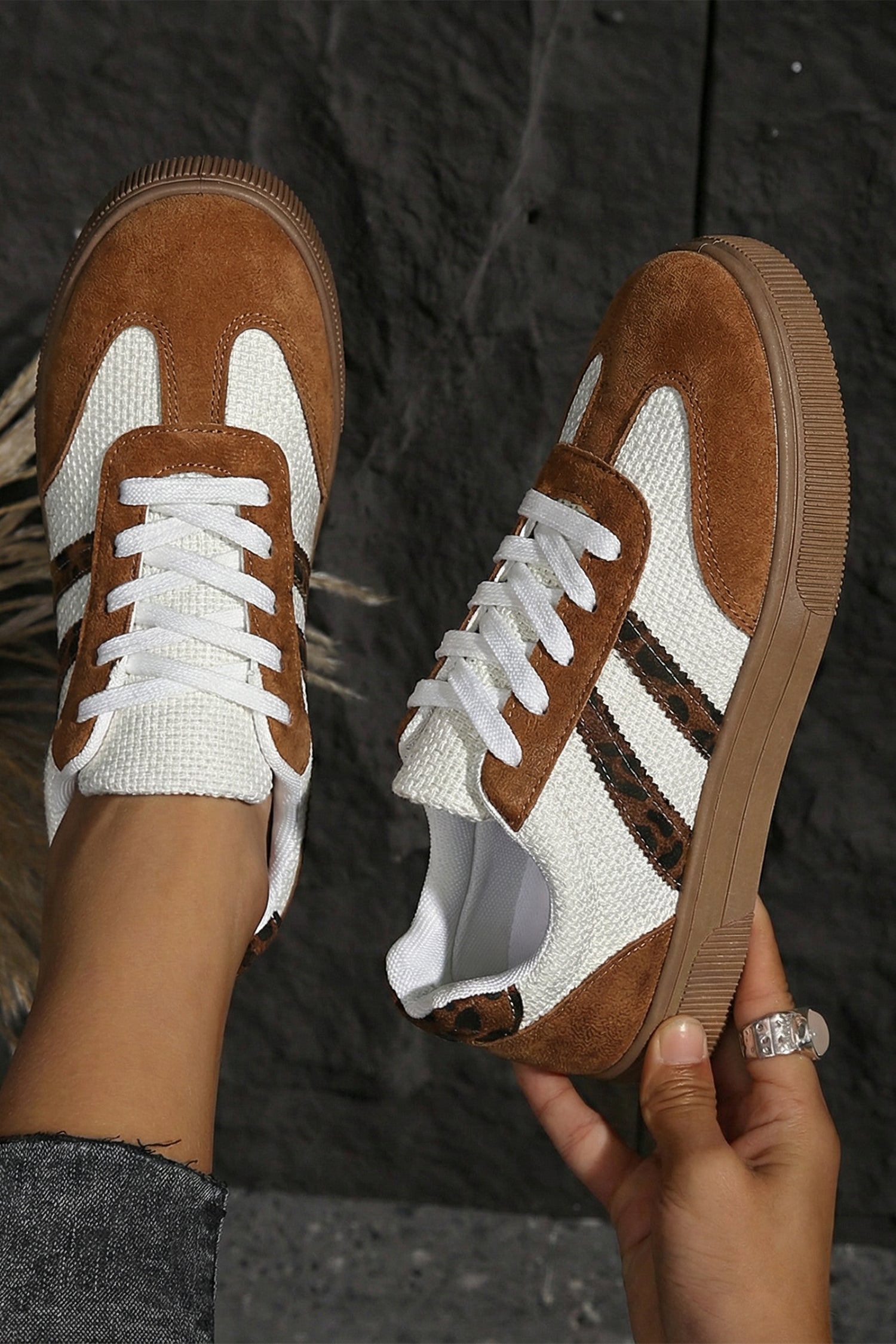 White Woven Leopard Patchwork Flat Sneakers