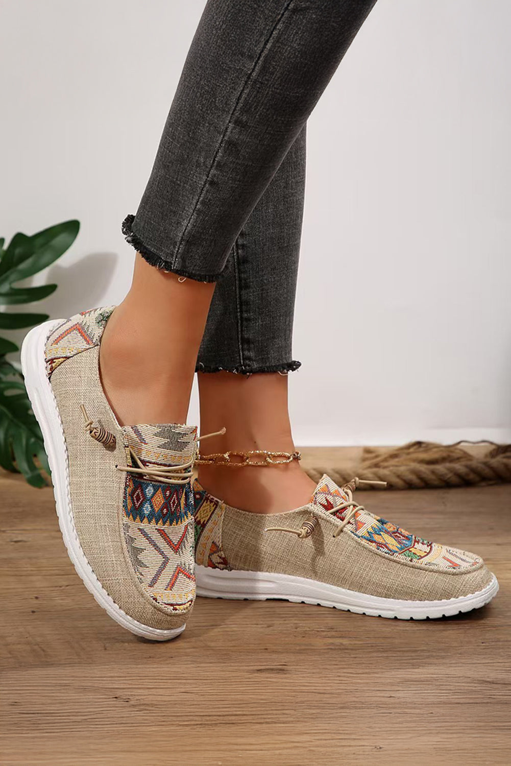 Beige Geometric Slip-On Shoes