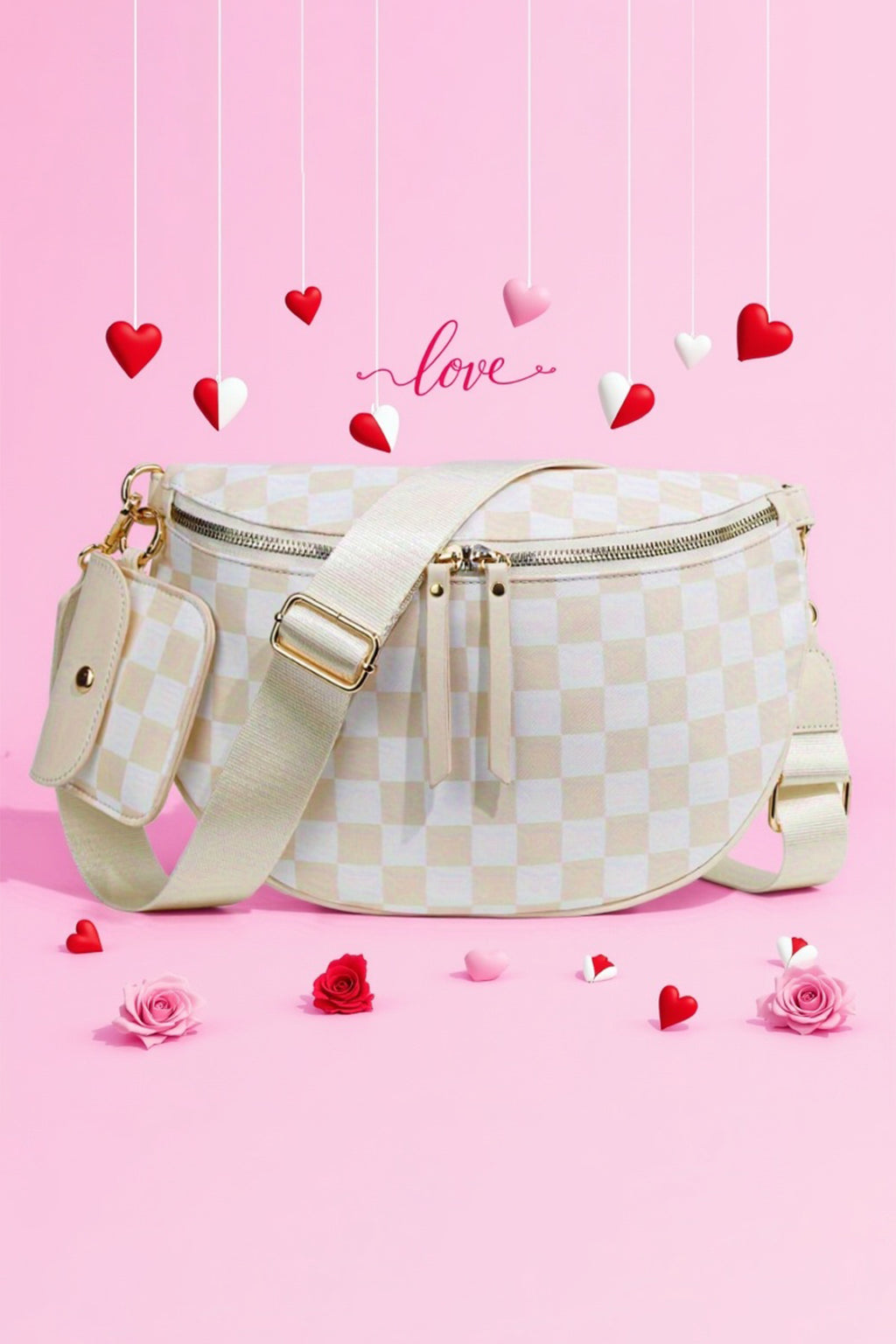 White Checkered Crescent Shoulder Bag with Detachable Pouch
