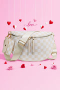 White Checkered Crescent Shoulder Bag with Detachable Pouch