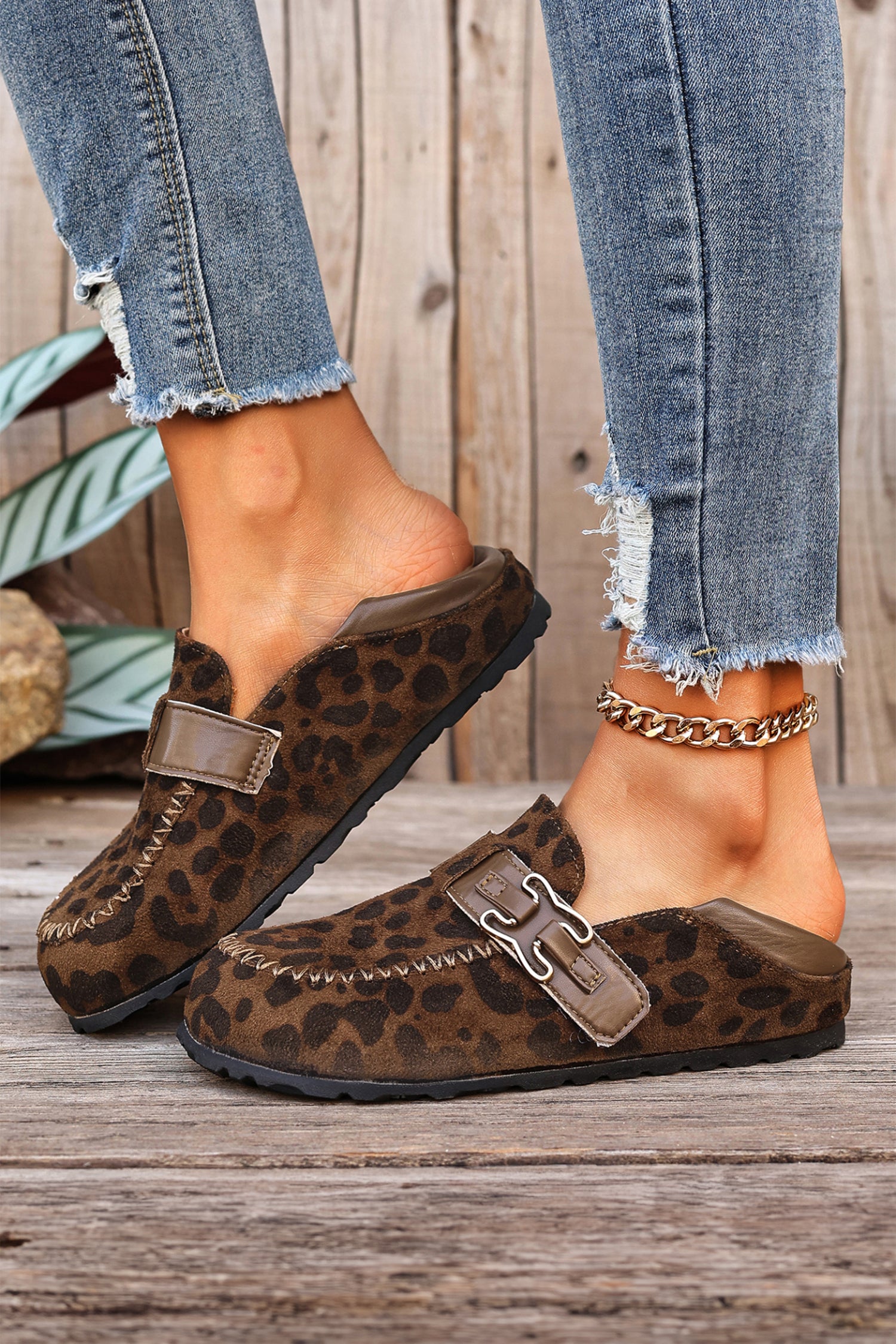 Khaki Faux Suede Retro Buckle Slip-On Shoes