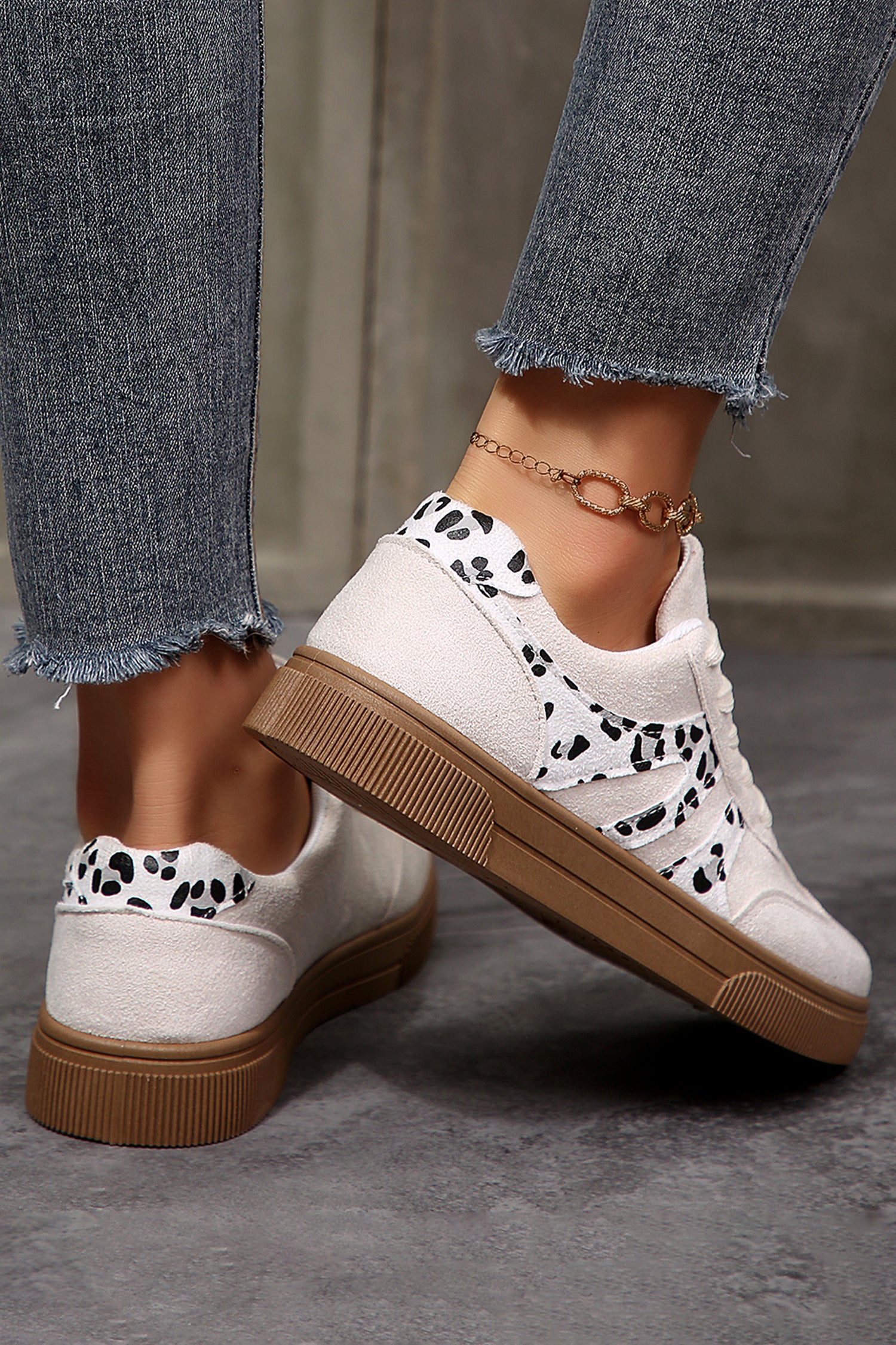 White Suede Leopard Color Block Lace-Up Casual Shoes