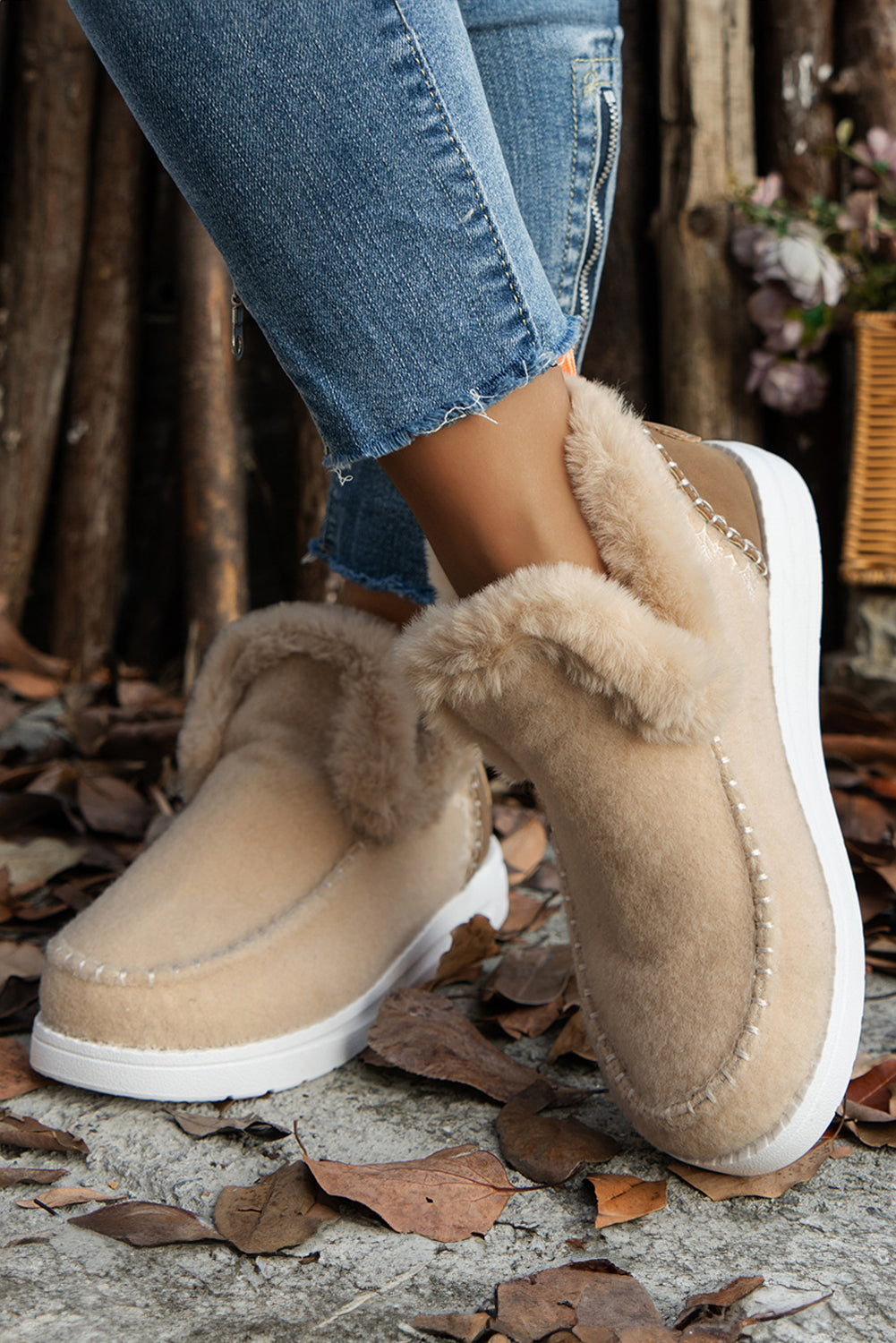Carbon Grey Suede Patchwork Plush Lined Ankle Boots