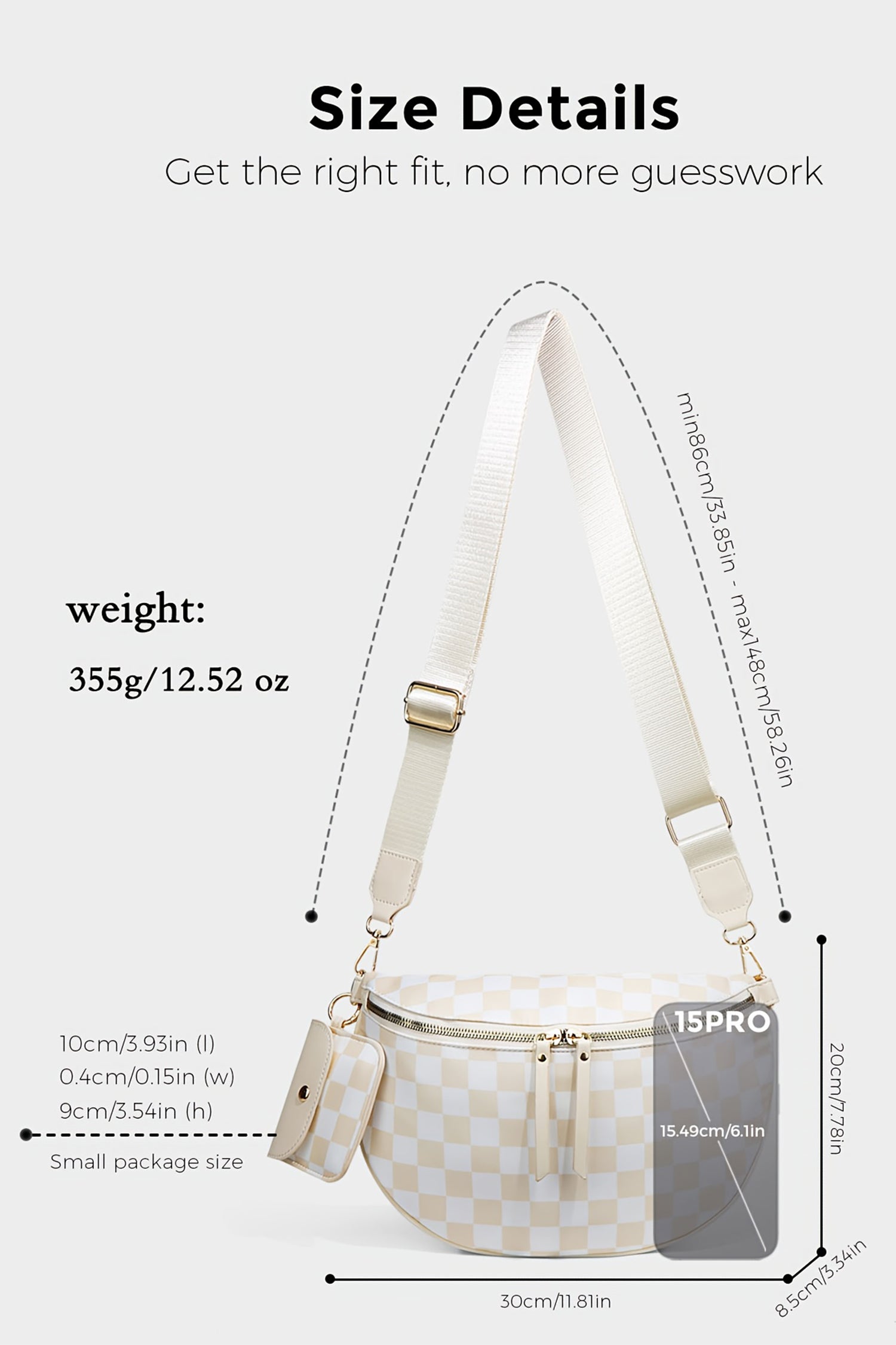 White Checkered Crescent Shoulder Bag with Detachable Pouch