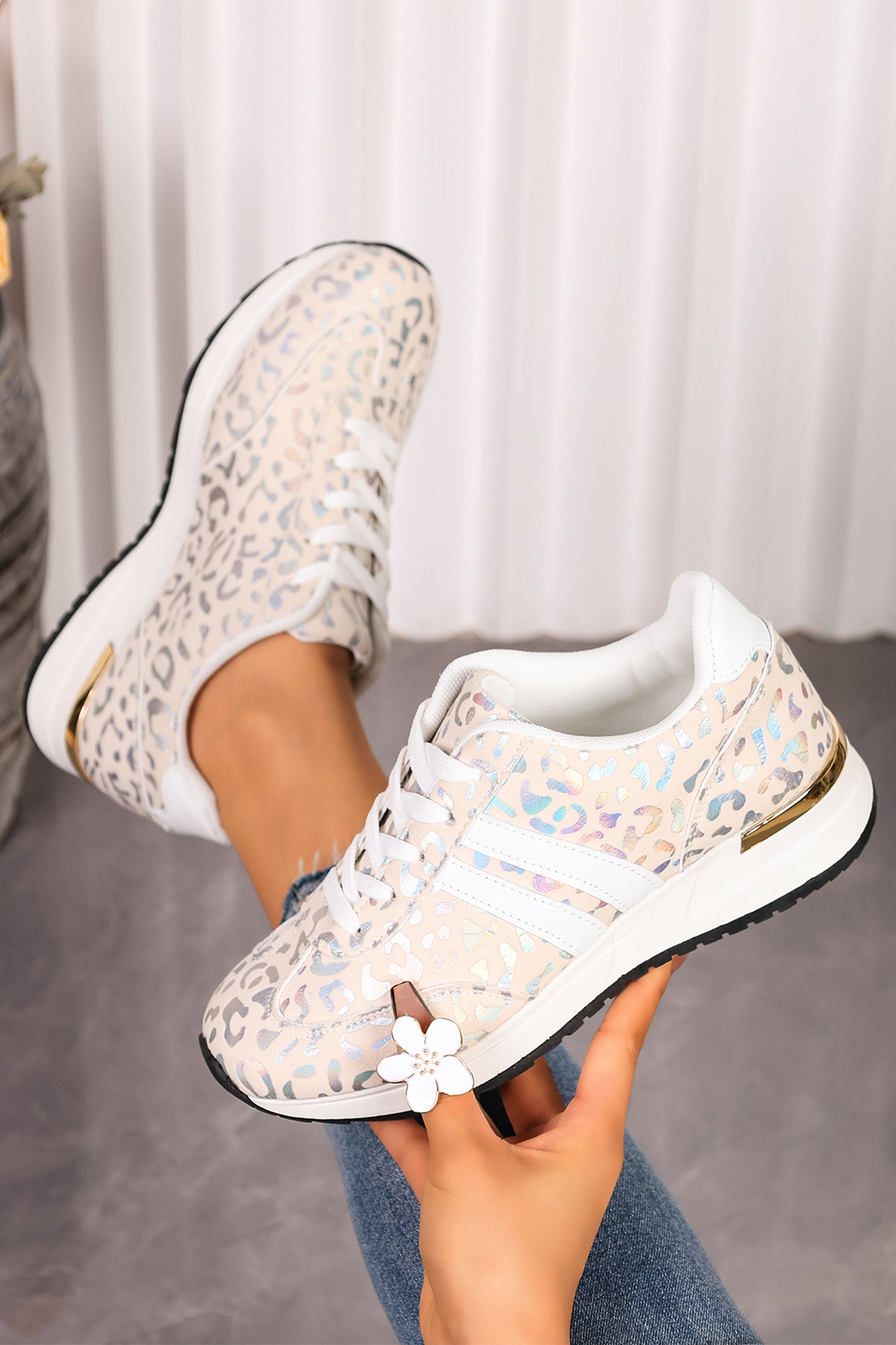 White Leopard Print Low-Top Sneakers