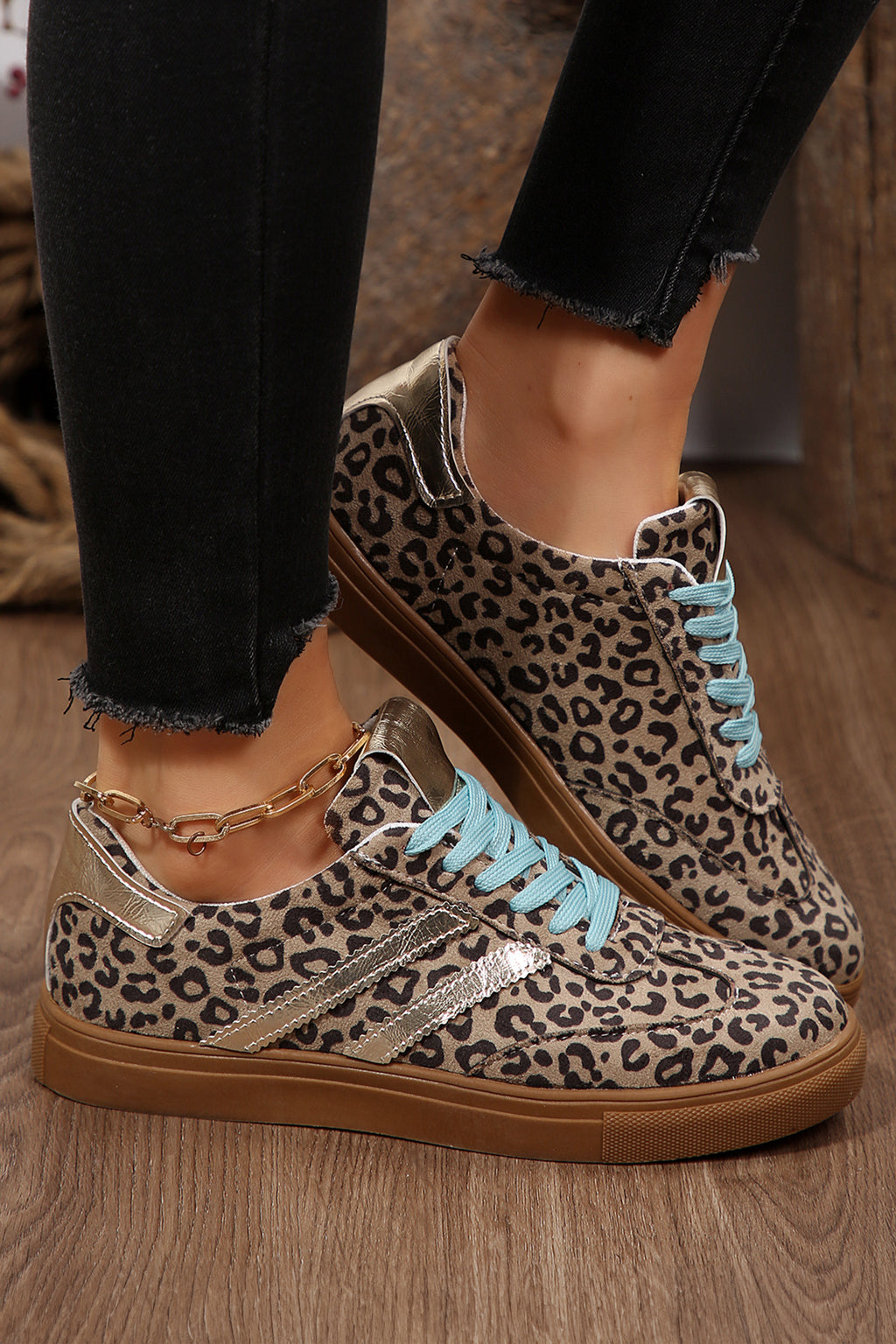 Coffee Leopard Print Faux Suede Lace-Up Sneakers