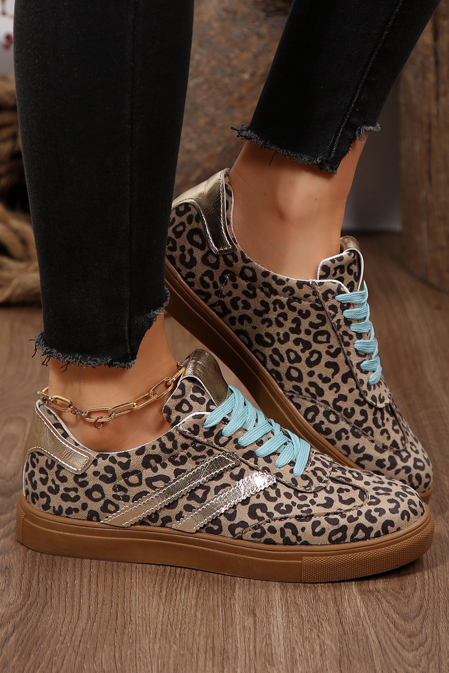 Coffee Leopard Print Faux Suede Lace-Up Sneakers