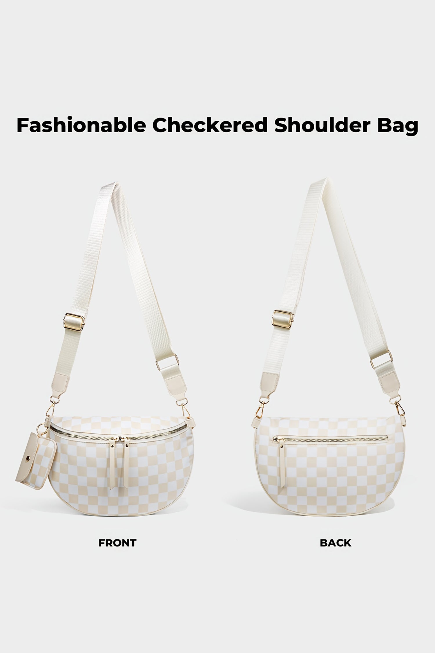 White Checkered Crescent Shoulder Bag with Detachable Pouch