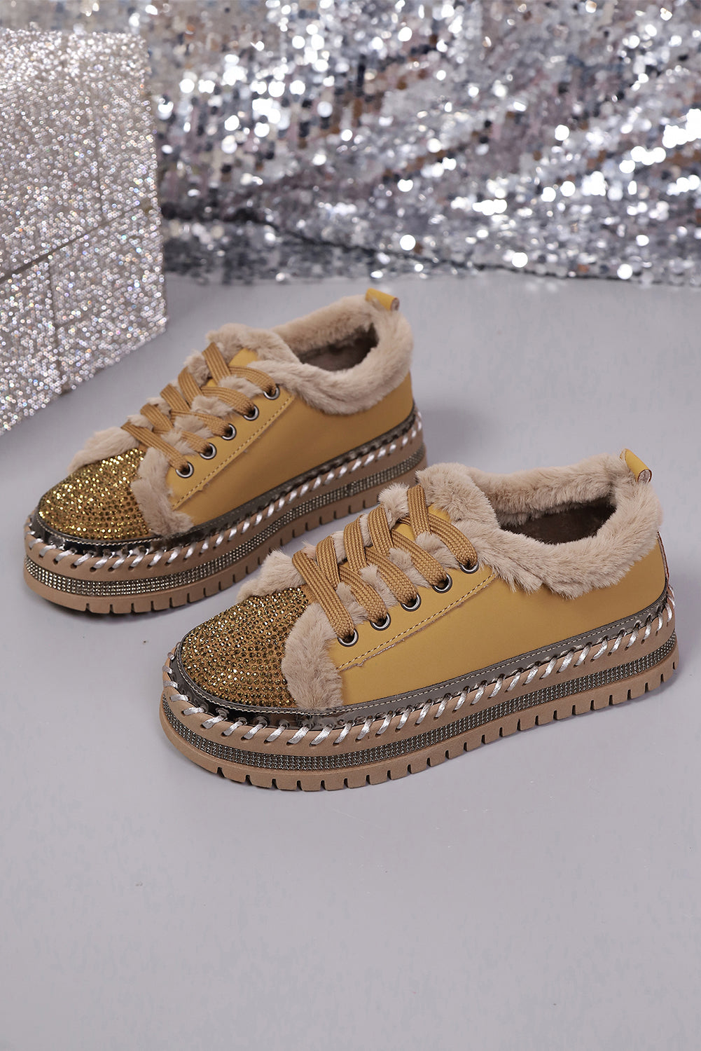 Tan Rhinestone Faux Fur Lining Lace-Up Flat Shoes