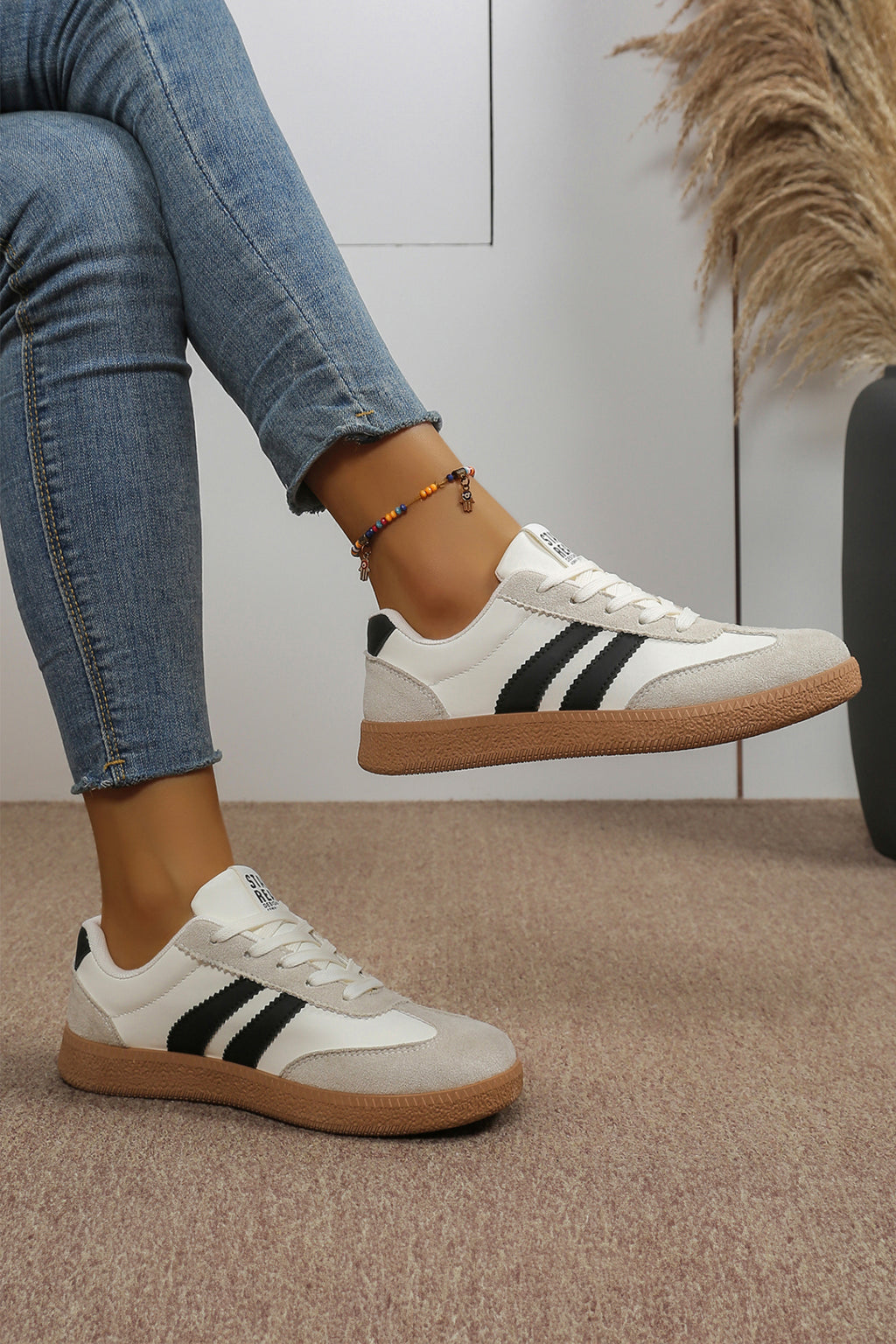 White Varsity Color Block Lace-Up Shoes