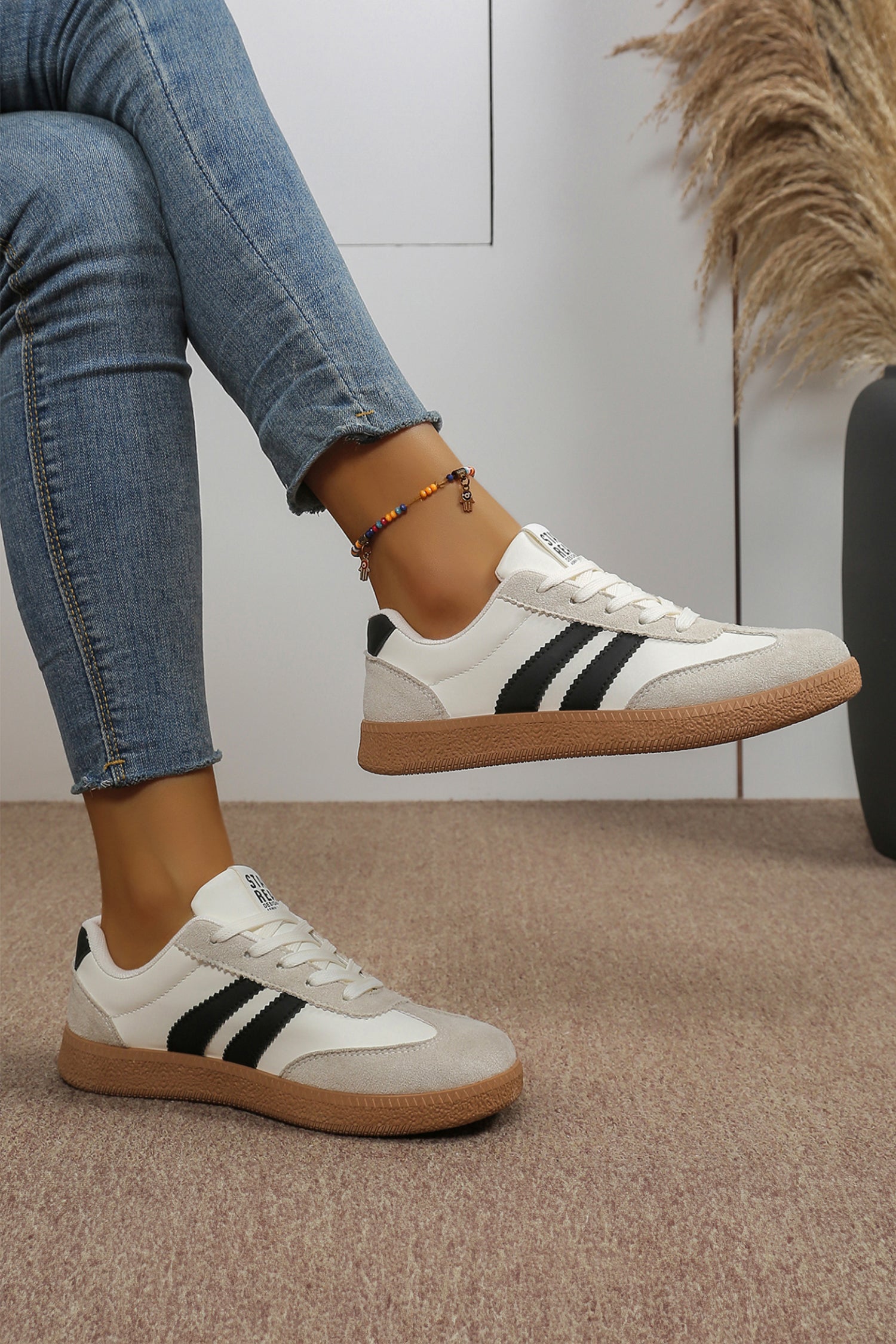 White Varsity Color Block Lace-Up Shoes