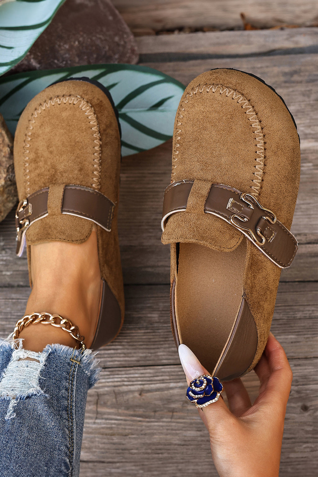 Khaki Faux Suede Retro Buckle Slip-On Shoes