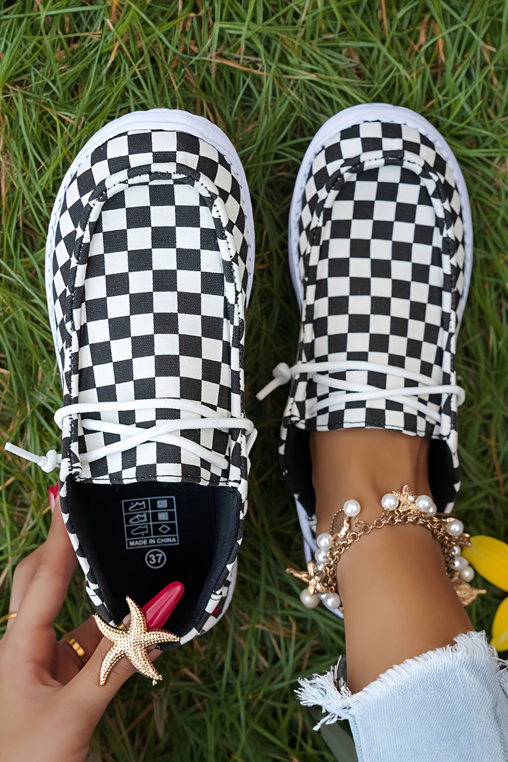 Black Checkered Print Lace-Up Flat Shoes
