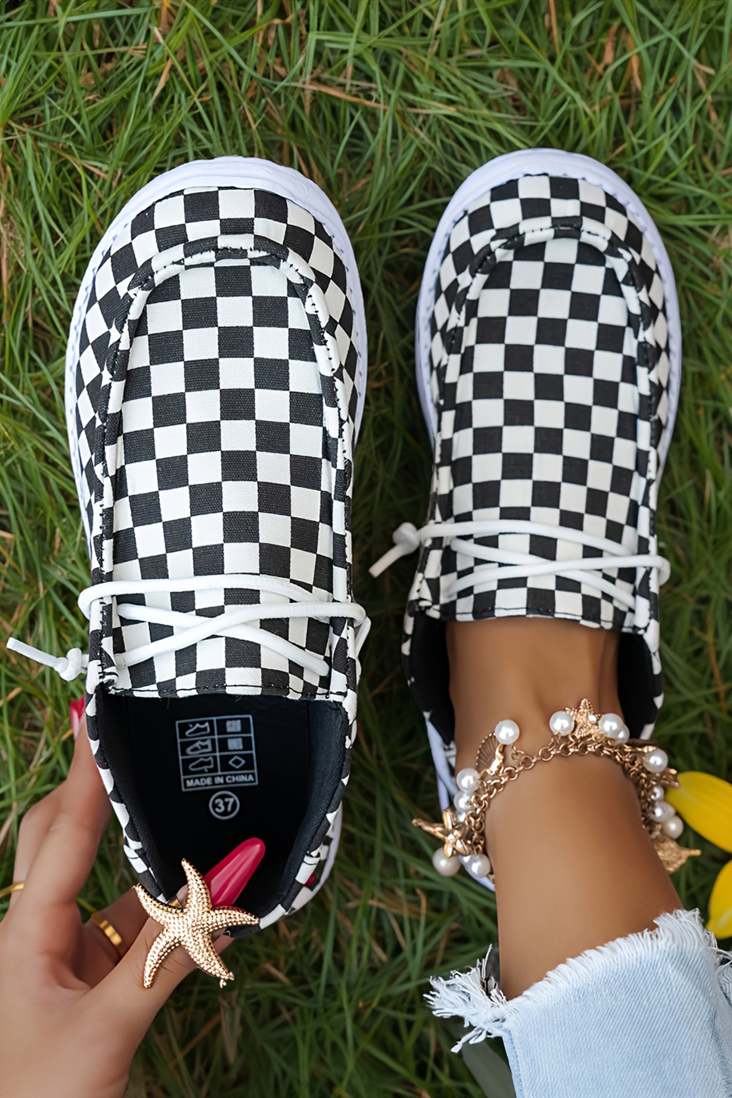 Black Checkered Print Lace-Up Flat Shoes