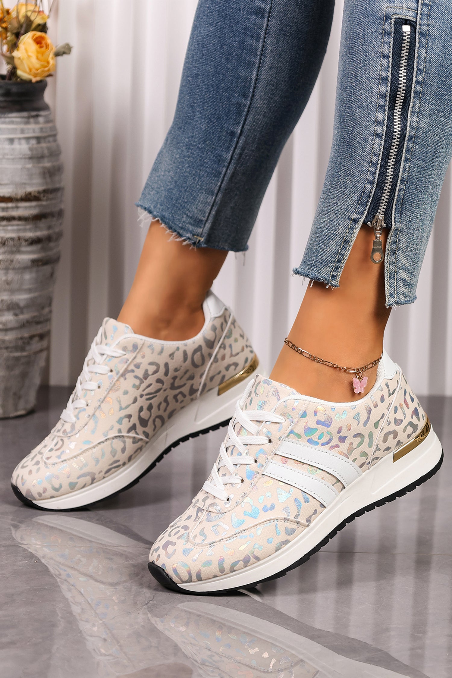 White Leopard Print Low-Top Sneakers