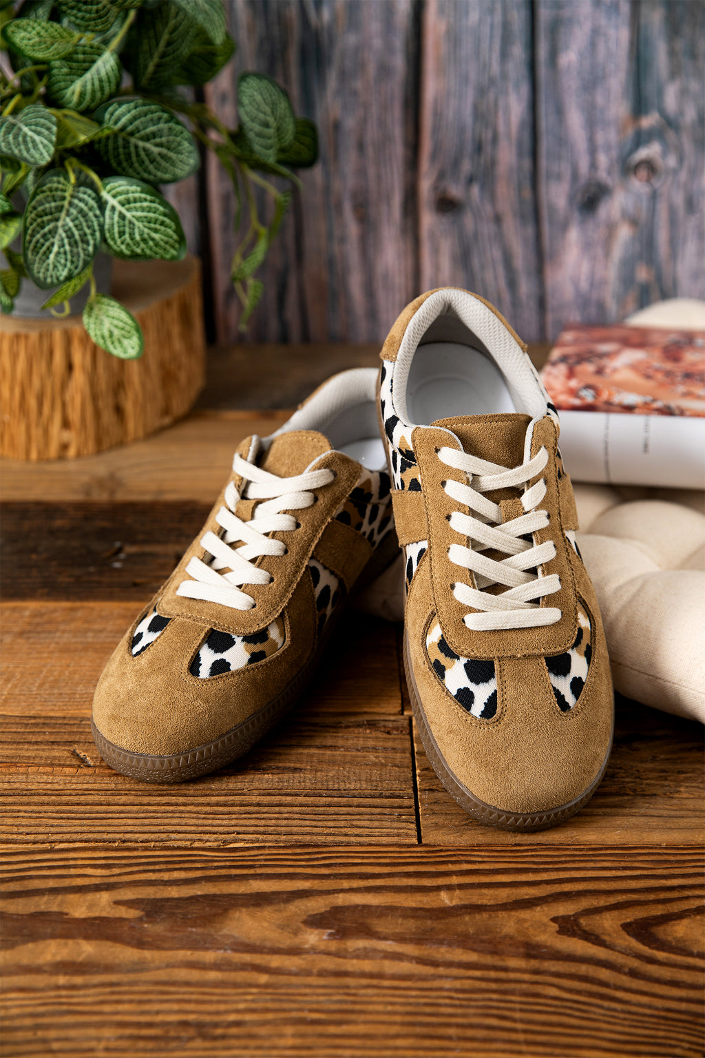 Beige Leopard Patchwork Lace-Up Flat Shoes