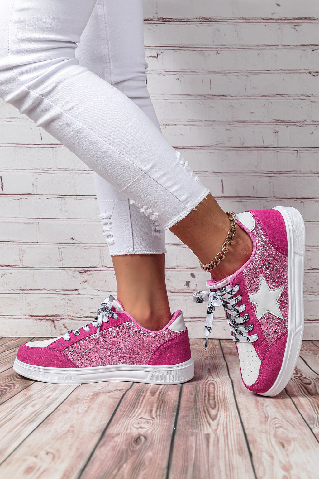 Rose Red Glitter Star Patchwork Lace-Up Flat Shoes