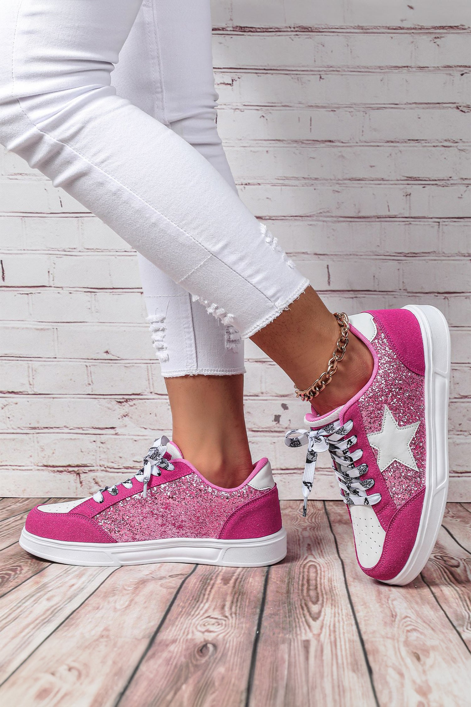 Rose Red Glitter Star Patchwork Lace-Up Flat Shoes