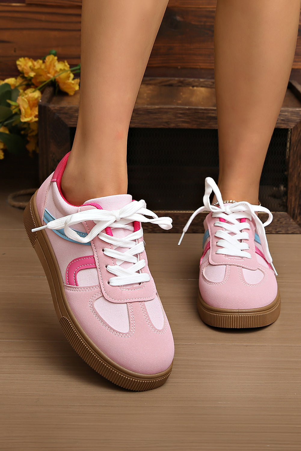 Rose Red Color Block Lace-Up Flat Shoes