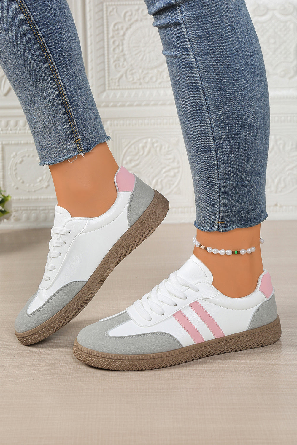 Rose Red Color Block Lace-Up Flat Shoes