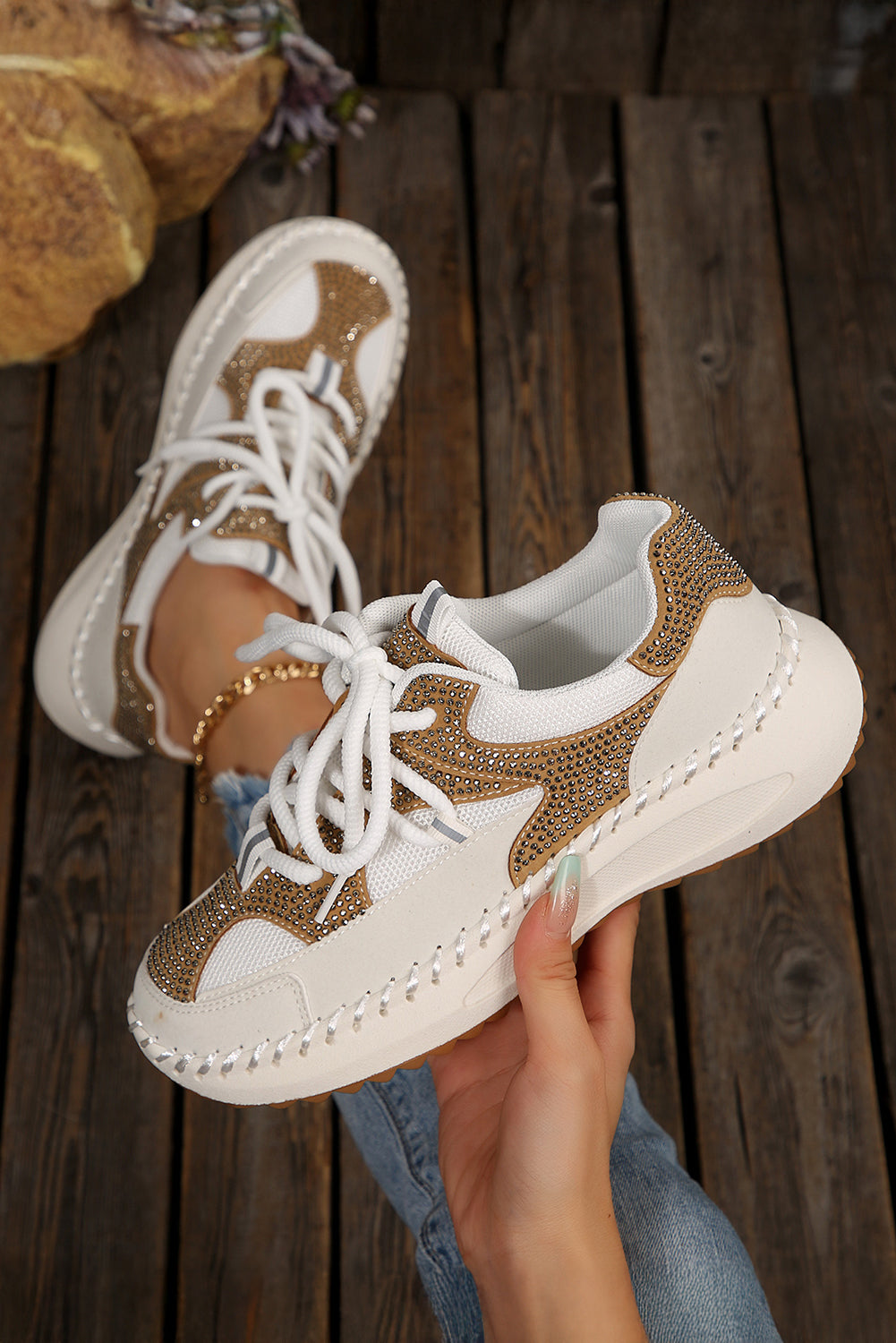 White Rhinestone Color Block Lace-Up Breathable Sneakers