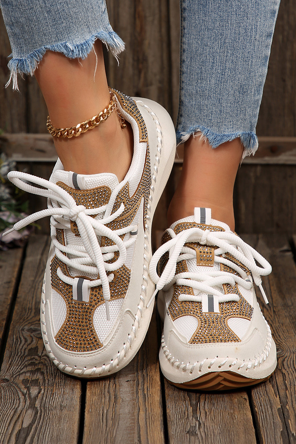 White Rhinestone Color Block Lace-Up Breathable Sneakers