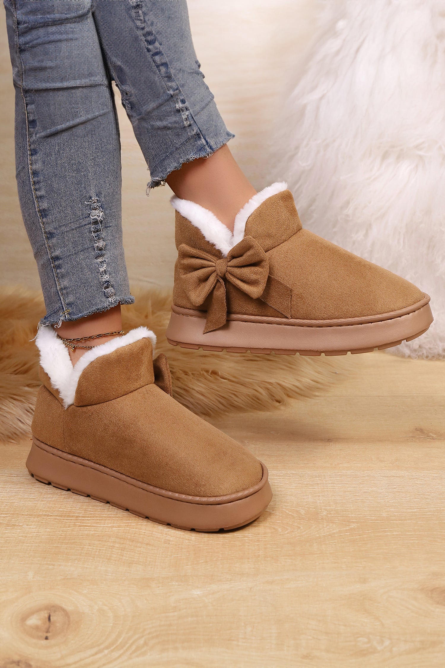 Brown Faux Suede Bow Plush Lining Snow Booties