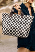 Black Checkered Glossy PU Leather Tote Bag