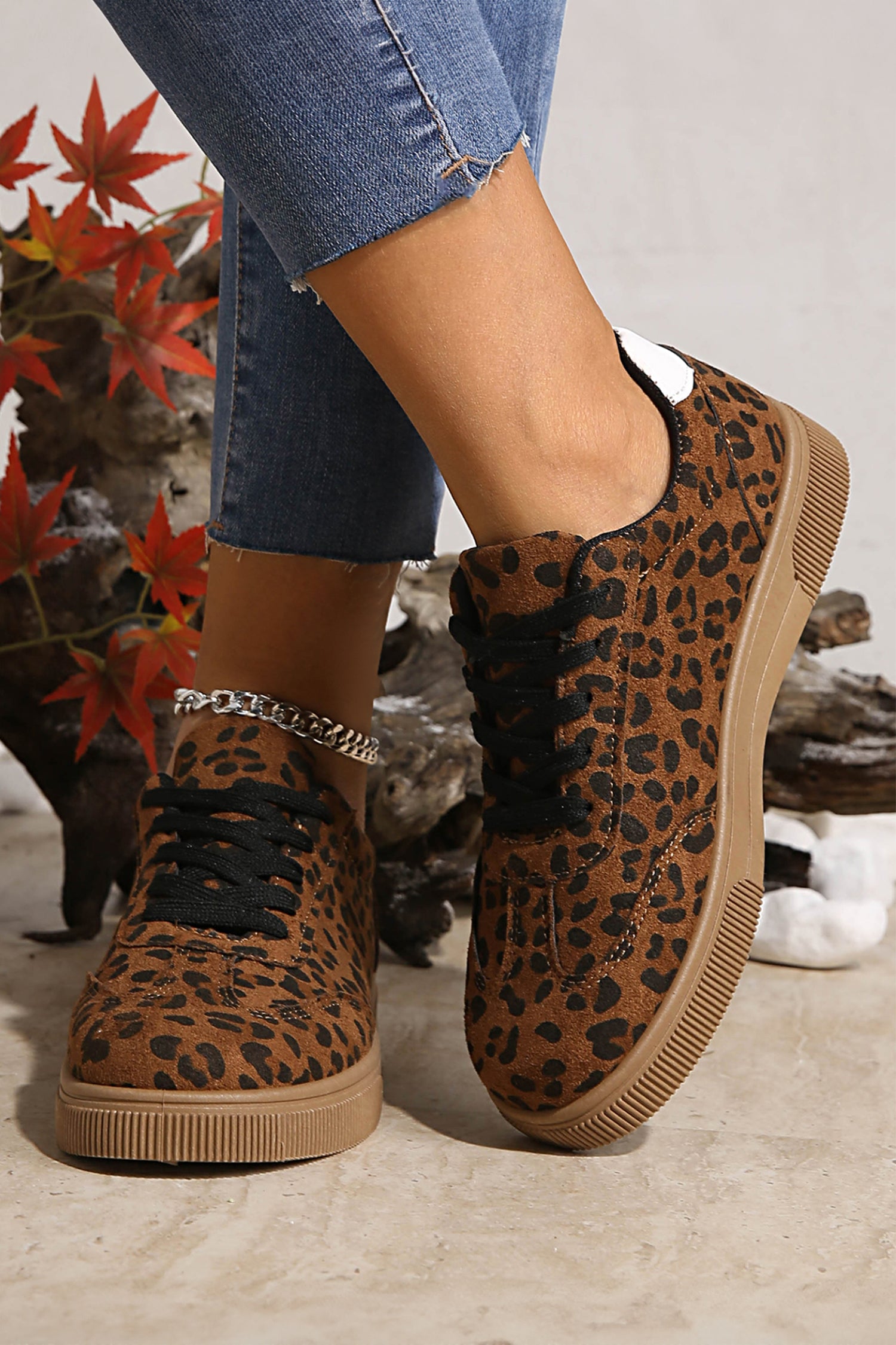 Coffee Leopard Print Contrast Lace-Up Shoes