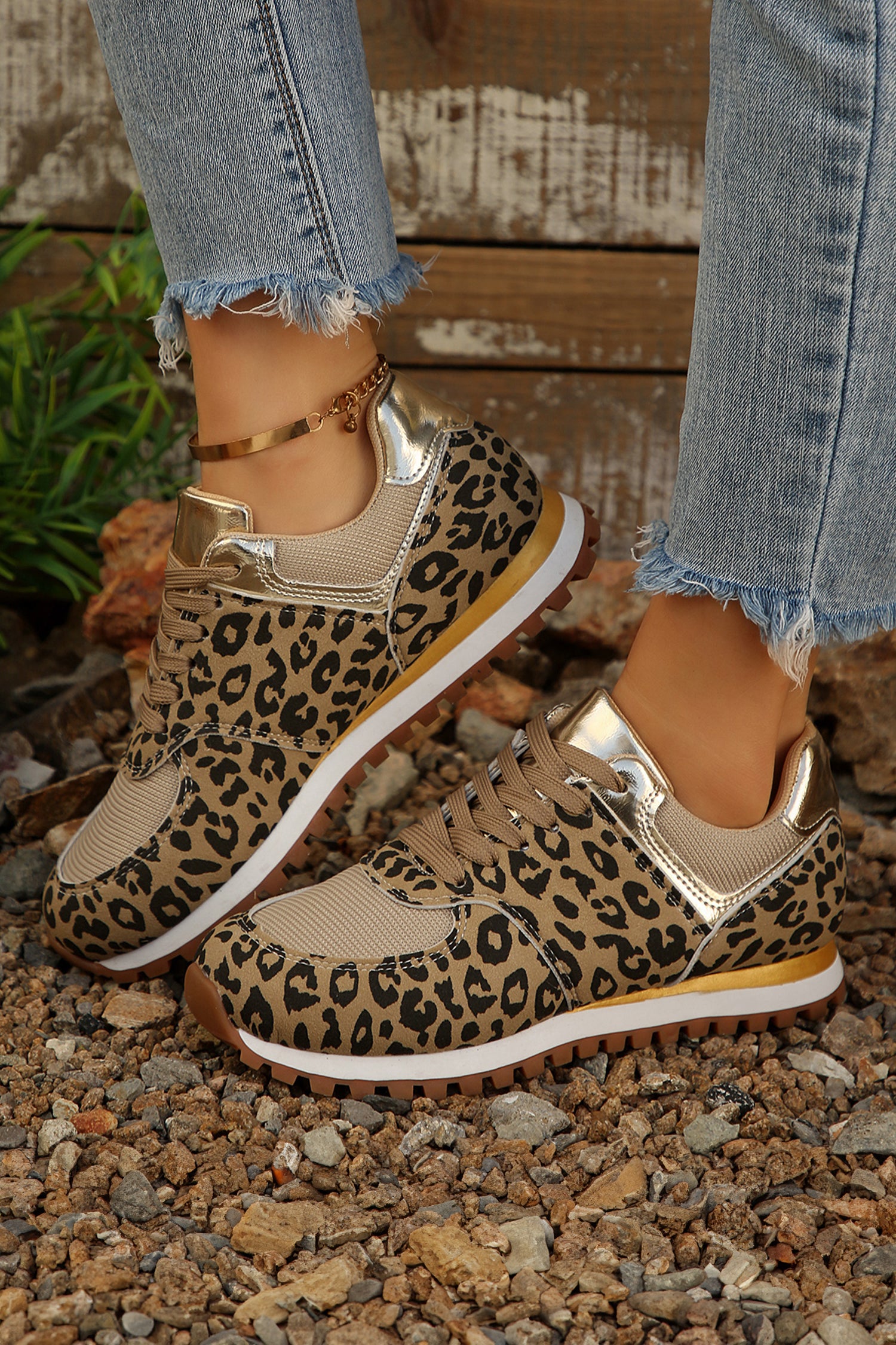 Coffee Leopard Faux Suede Patchwork Lace-Up Sneakers
