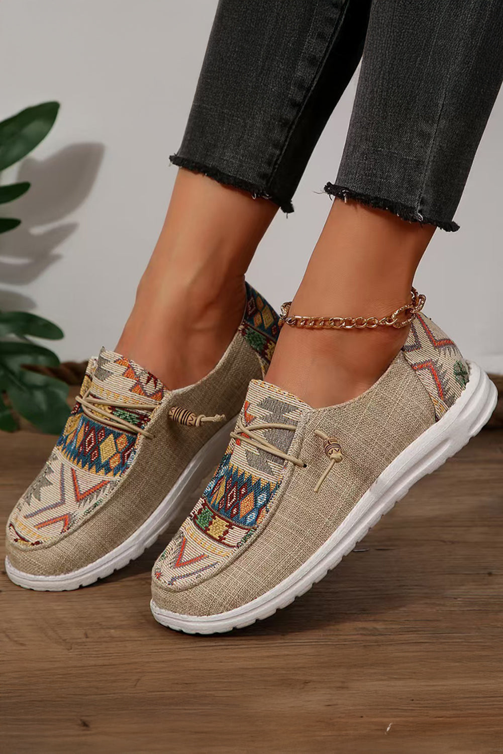 Beige Geometric Slip-On Shoes