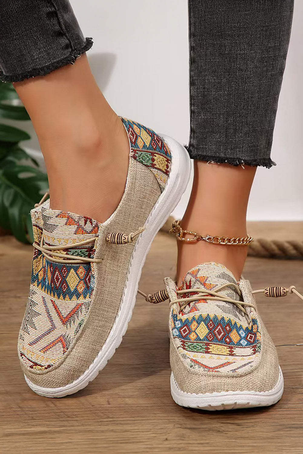 Beige Geometric Slip-On Shoes