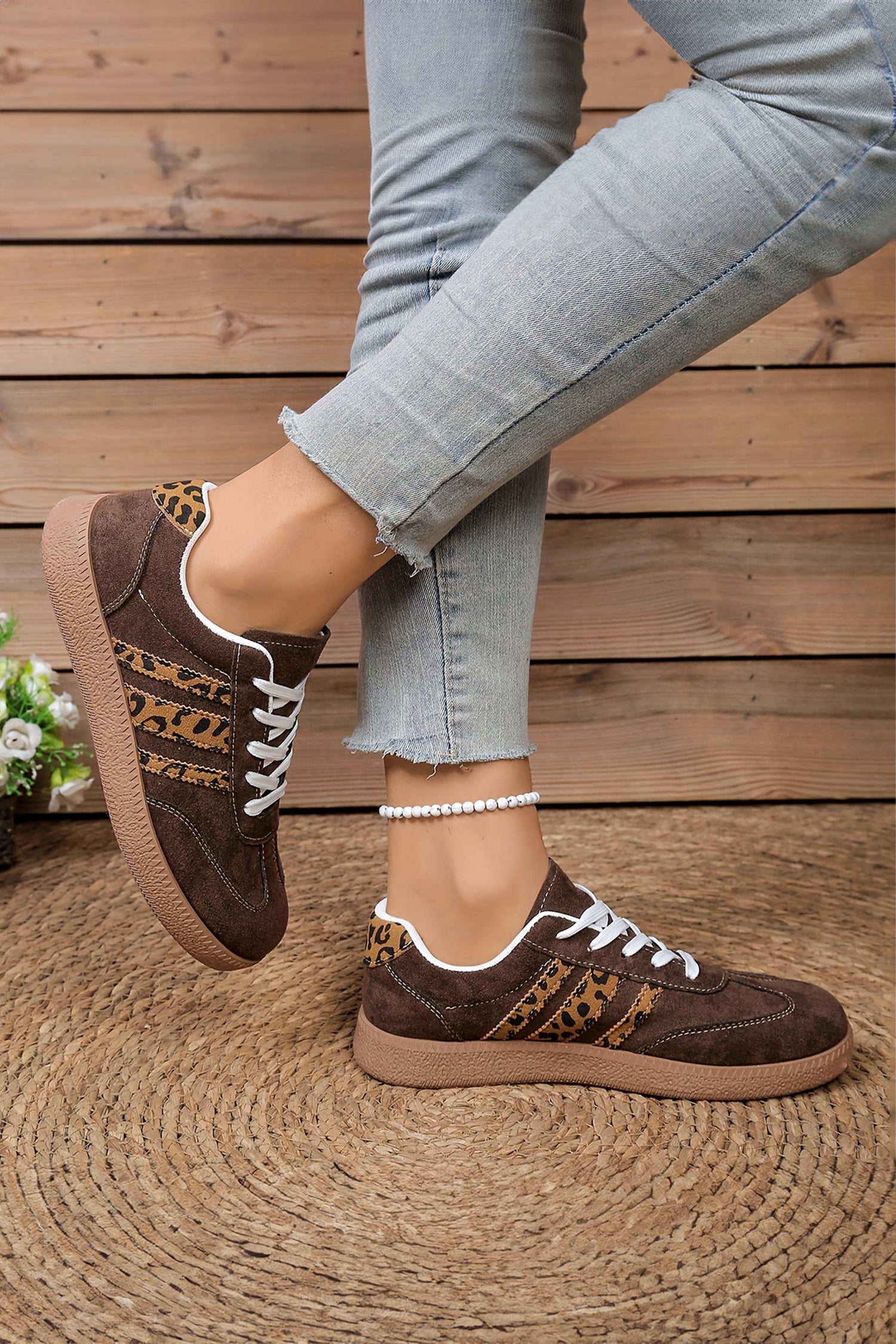 Coffee Leopard Patchwork Faux Suede Lace-Up Shoes