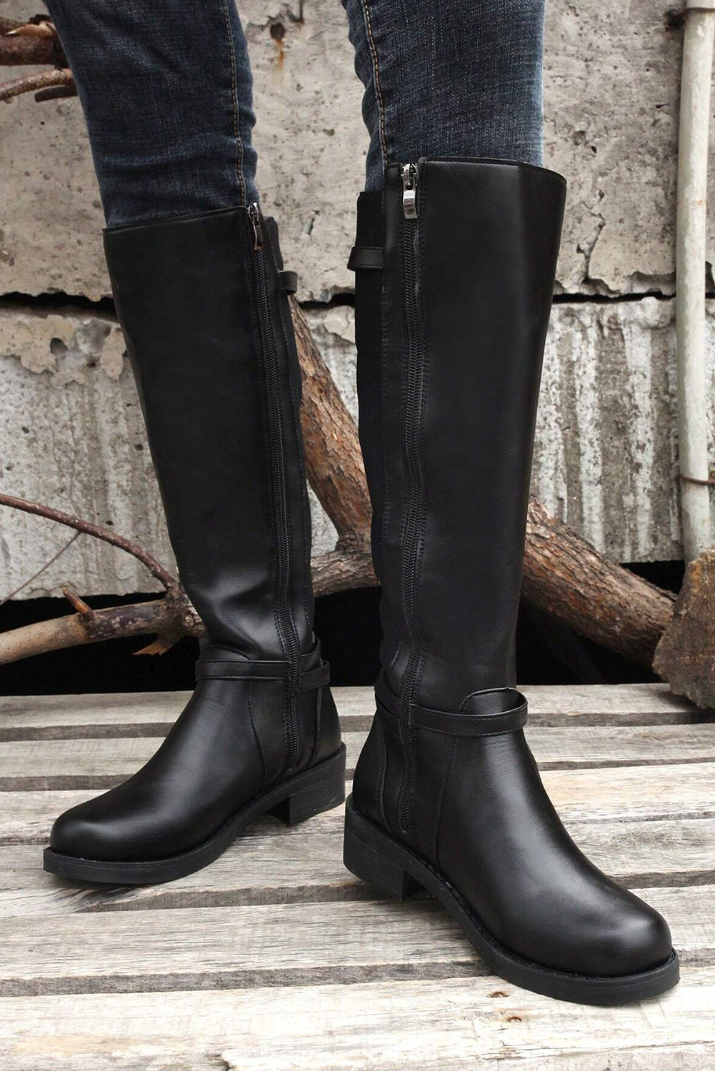Black Side Zipper Knee-High Chunky Heel Boots