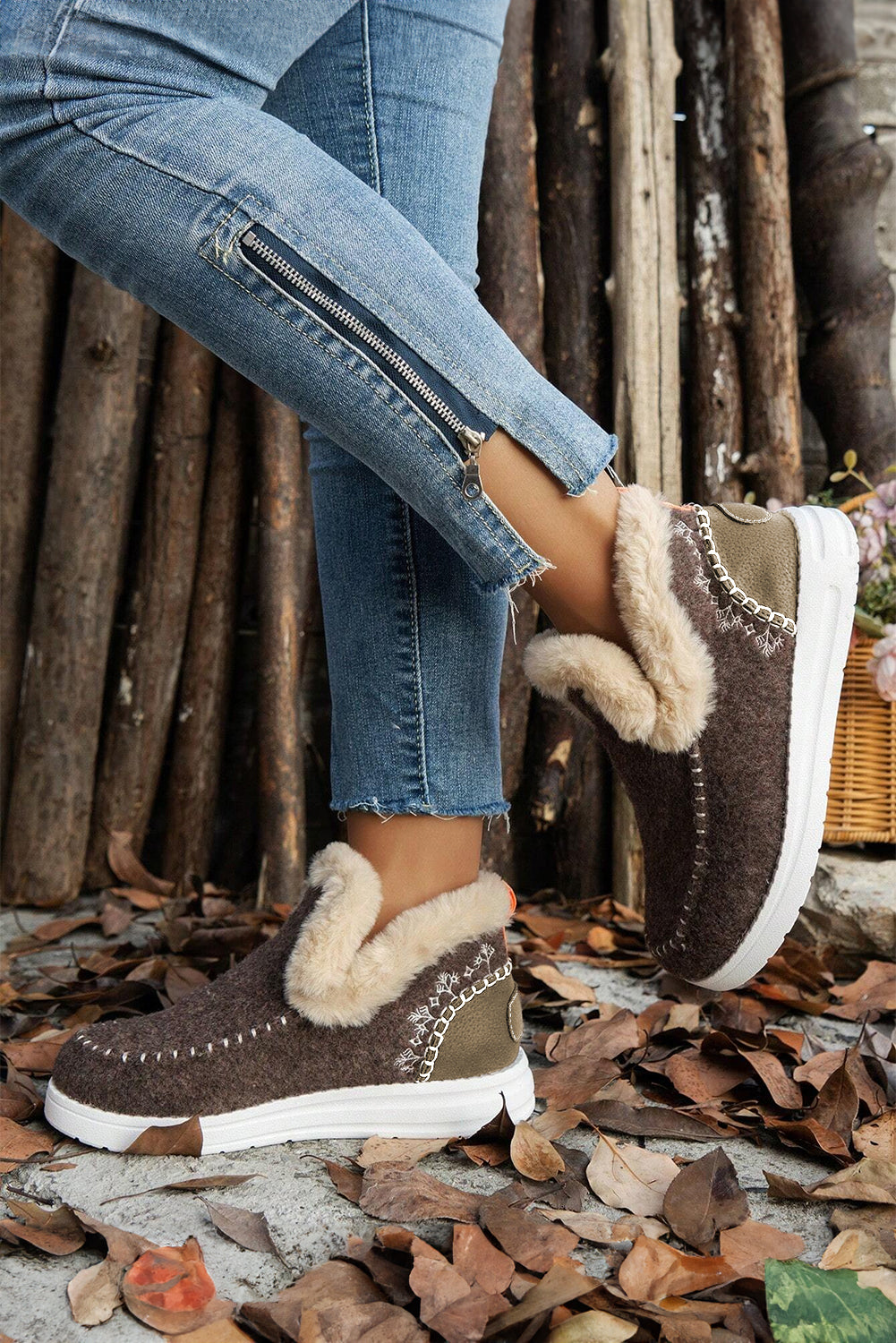 Carbon Grey Suede Patchwork Plush Lined Ankle Boots