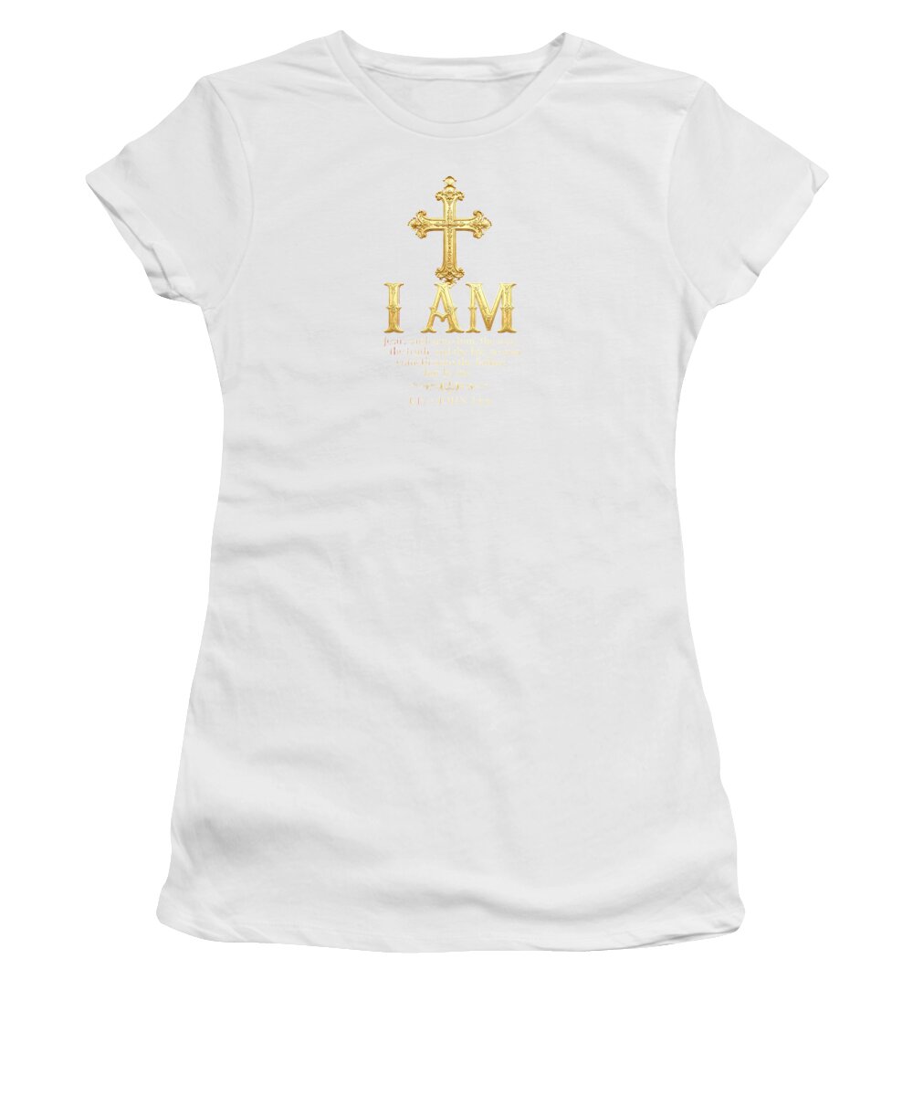 Golden cross biblical quote women's tee detail