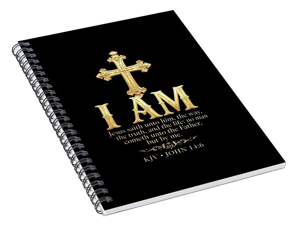 Golden Cross with Biblical Quote — Spiral Notebook