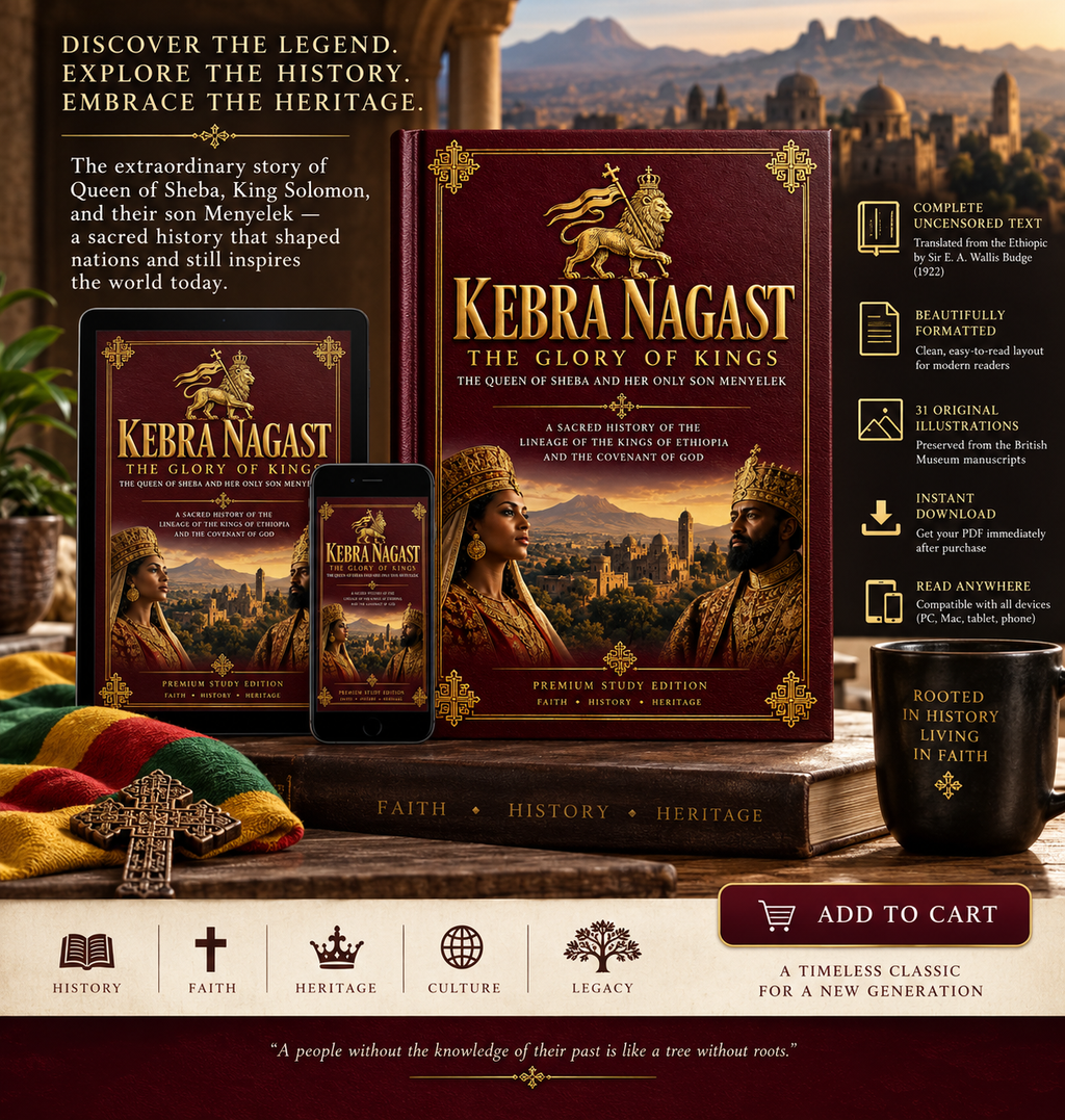 Kebra Nagast Premium Study Edition digital download mockup shown on book, tablet, and phone