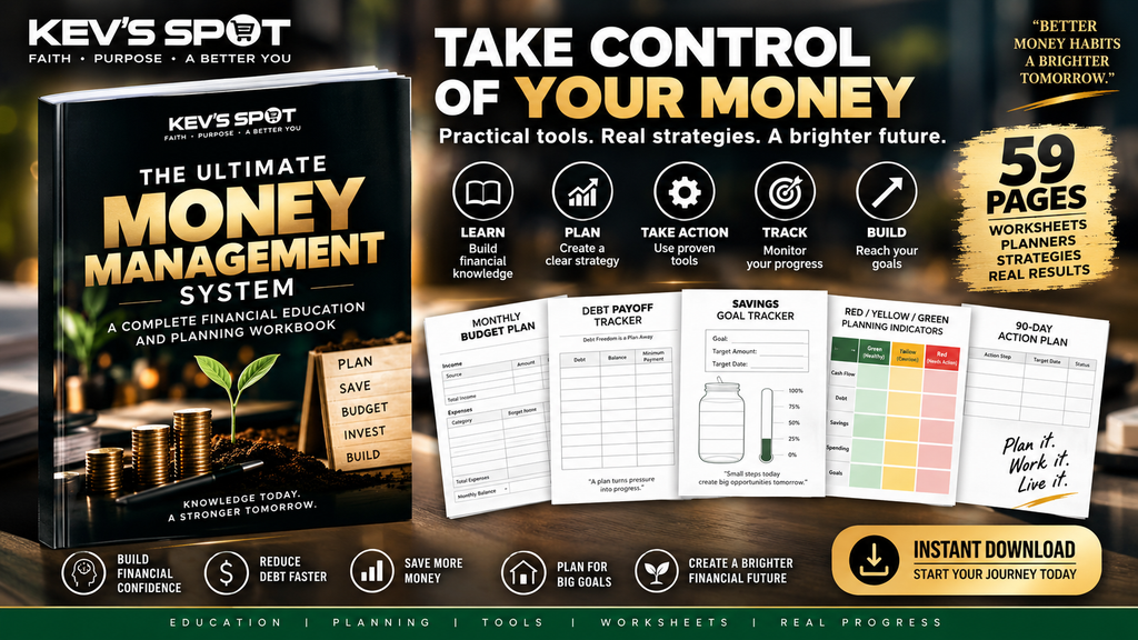 Kev's Spot Ultimate Money Management System 59 pages, worksheets, planning tools, debt payoff and savings features