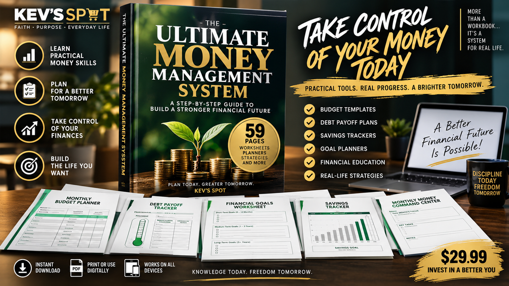 Kev's Spot Ultimate Money Management System workbook mockup with budget, debt, savings and financial goal worksheets