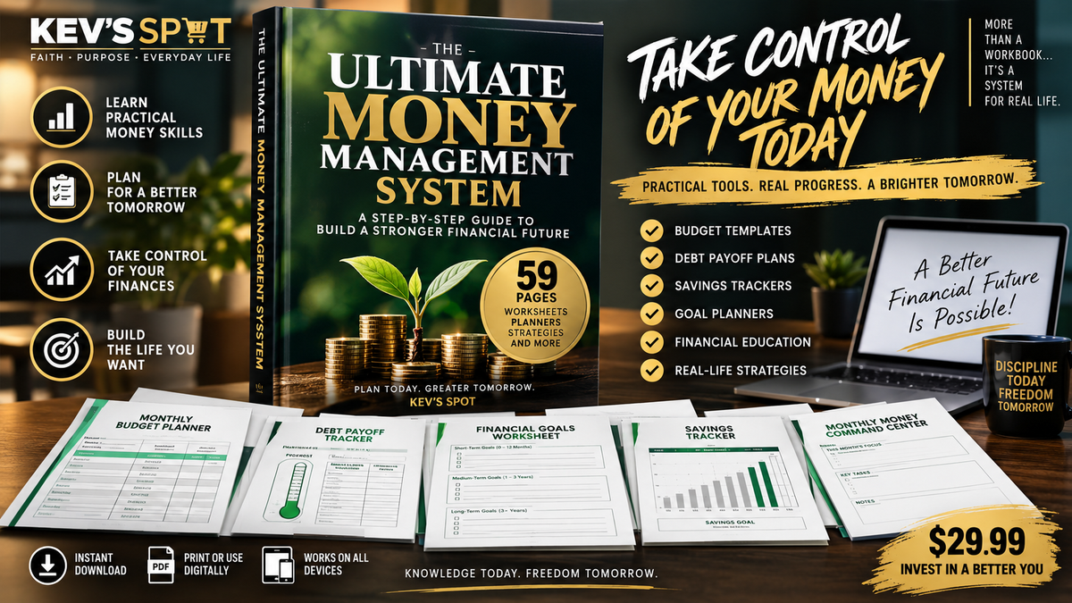Kev's Spot Ultimate Money Management System workbook mockup with budget, debt, savings and financial goal worksheets