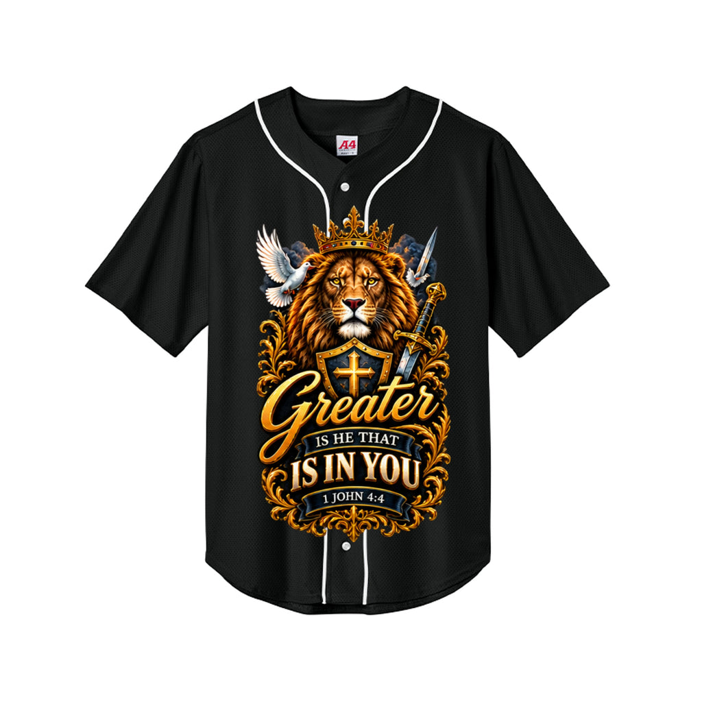 1 John 4:4 Christian baseball jersey front